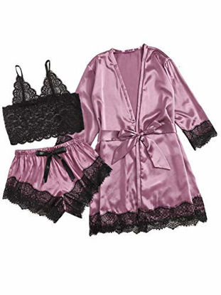 Picture of DIDK Women's Lace 3 Piece Satin Robe and Pajama Set with Robe Camisole Sleep Shorts Purple XL