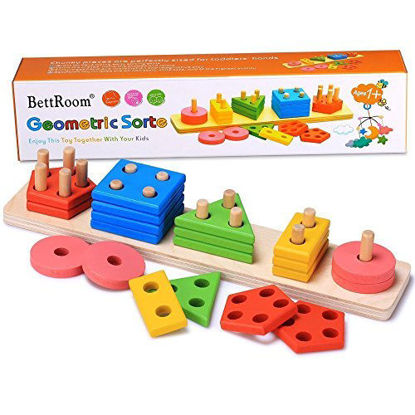 Picture of BettRoom Wooden Educational Preschool Toddler Toys for 3 4-5 Year Old Boys Girls Shape Color Recognition Geometric Board Blocks Stack Sort Kids Children Non-Toxic Toy(14IN)
