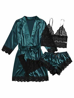 Picture of WDIRARA Women's 4 Pieces Satin Lace Cami Top and Shorts Pajama Set with Robe Green S