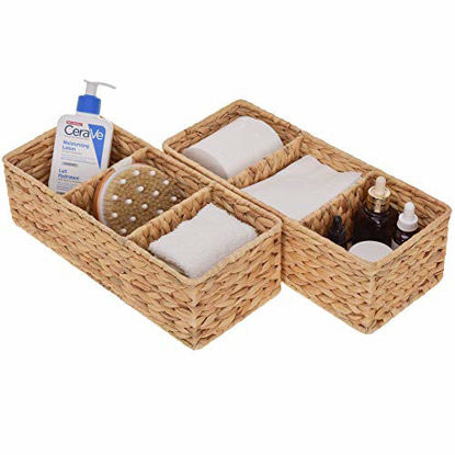 Picture of StorageWorks 3-Section Wicker Baskets for Shelves, Hand-Woven Water Hyacinth Storage Baskets, 14.4" x 6.1" x 4.3", 2-Pack