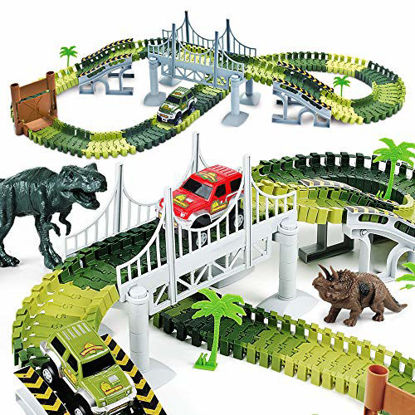 Picture of AUUGUU Kids Dinosaur Race Car Track with Flexible Track, Dino Toys, Bridge, Ramps and 2 Race Car Toys - Prehistoric Race Track for Kids Age 3-5