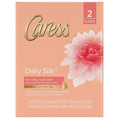 Picture of Caress Beauty Bar Soap For Silky, Soft Skin Daily Silk With Silk Extract and Floral Oil Essence 3.75 oz 2 Bars