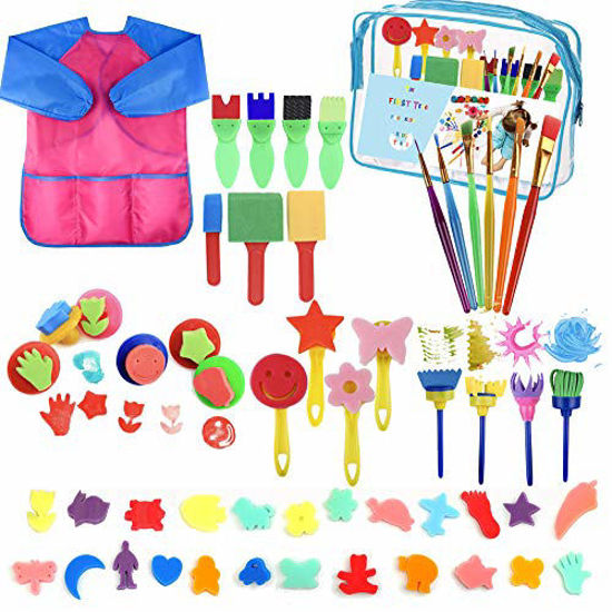 Picture of YZNlife 52 pcs Sponge Paint Brushes Kits Painting Brushes Tool Kit for Kids Early DIY Learning Include Foam Brushes,Pattern Brushes Set,Waterproof Apron, etc.