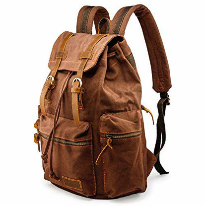 Picture of GEARONIC TM 21L Vintage Canvas Backpack for Men Leather Rucksack Knapsack 15 inch Laptop Tote Satchel School Military Army Shoulder Rucksack Hiking Bag Coffee