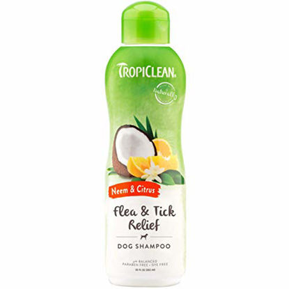 Picture of TropiClean Neem & Citrus Flea & Tick Relief Shampoo for Dogs, 20oz - Soothing Relief from Flea & Tick Irritations, Made in the USA
