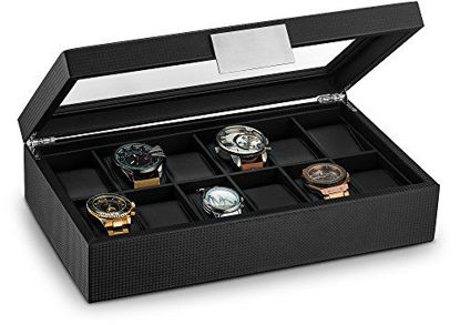 Picture of Glenor Co Watch Box for Men - 12 Slot Luxury Carbon Fiber Design Display Case, Large Holder, Metal Buckle - Black