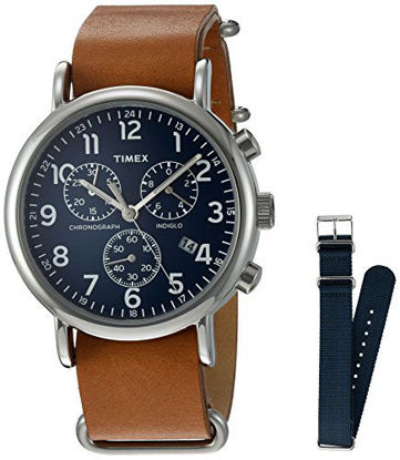 Picture of Timex TWG012800QM Unisex Weekender Chrono Tan Leather Strap Watch Gift Set + Navy Nylon Strap