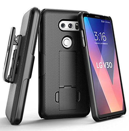 Picture of Encased Belt Clip Holster Case Compatible with LG V30 Thin Fit [DuraClip Series] Slim Grip Case & Belt Clip (Smooth Black)