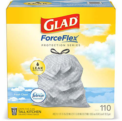 Picture of Glad ForceFlex Tall Kitchen Drawstring Trash Bags - 13 Gallon Trash Bag, Fresh Clean scent with Febreze Freshness - 110 Count (Package May Vary)