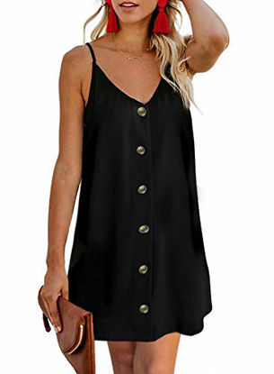 Picture of AlvaQ Womens Fashion Casual Summer Ladies Spaghetti Strap Sleeveless Button Down V Neck A Line Swing Skater Mini Dresses Plus Size 1X Solid Black