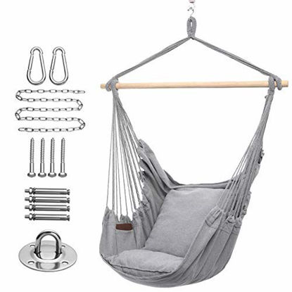 Picture of Y- STOP Hammock Chair Hanging Rope Swing, Max 320 Lbs, 2 Seat Cushions Included, Quality Cotton Weave for Superior Comfort, Durability (Light Grey)
