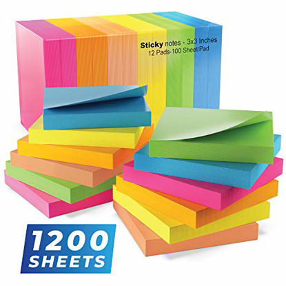 Picture of Sticky Notes 3x3, Bright Colorful Stickies, 12 Pads 1200 Sheets Total, Strong Self-Stick Notes, 6 Colors (Yellow, Green, Blue, Orange, Pink, Rose)