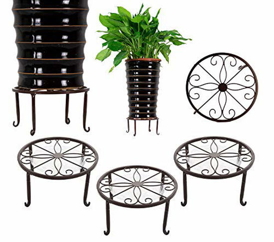 Picture of 3 Pack Metal Potted Plant Stands with Saucer for Indoor Corner and Outdoor Plants 9 inches Flower Pot Planter Holder, Bronze Color, Round