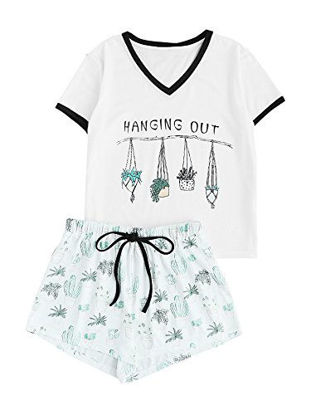Picture of DIDK Women's Cute Cartoon Print Tee and Shorts Pajama Set Ringer White Large