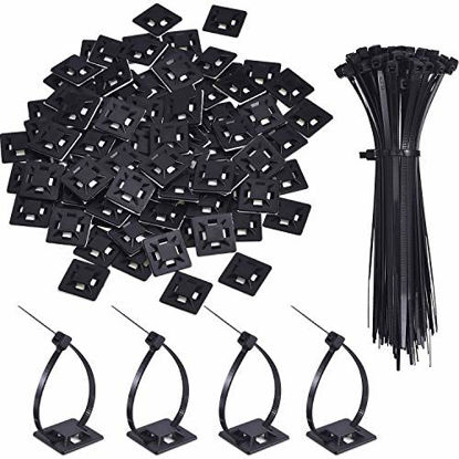 Picture of 100 Pack Zip Tie Adhesive Mounts Self Adhesive Cable Tie Base Holders with Multi-Purpose Cable Tie (Length 150 mm, Width 2 cm, Black)