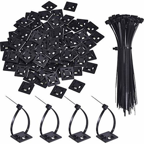 Picture of 100 Pack Zip Tie Adhesive Mounts Self Adhesive Cable Tie Base Holders with Multi-Purpose Cable Tie (Length 150 mm, Width 2 cm, Black)