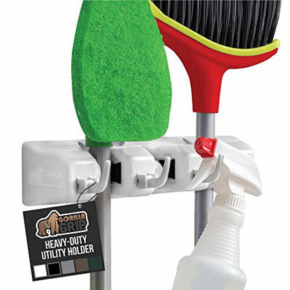 Picture of Gorilla Grip Premium Mop and Broom Holder, 3 Auto Adjust Slots, 4 Hooks, Easy Install Wall Mount, Store Cleaning and Gardening Tools, Organize Kitchen, Garage, Storage Rooms, White