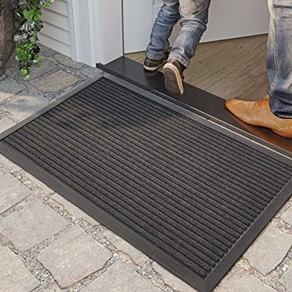 Picture of DEXI Door Mat Indoor Outdoor Durable Rubber Doormat, 29"x17", Waterproof, Easy Clean Low-Profile Mats for Entry, Garage, Patio, Stripe Grey