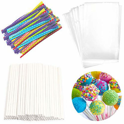 Picture of Lollipop Cake Pop Treat Bag Set Including 100pcs Parcel Bags, 100pcs Papery Treat Sticks, 100pcs Colorful Metallic Twist Ties for Making Lollipops, Cake Pops, Candies, Chocolates and Cookies