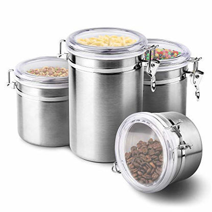 Picture of 4-Piece Stainless Steel Airtight Canister Set, ENLOY Food Storage Container for Kitchen Counter, Tea, Sugar, Coffee, Caddy, Flour Canister with Clear Acrylic Lid n' Locking Clamp Up to 65 oz