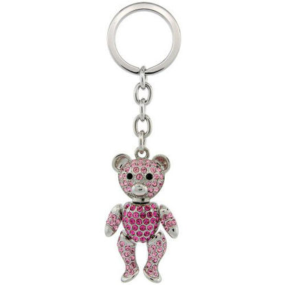 Picture of Sabrina Silver Movable Teddy Bear Key Chain, Key Ring, Key Holder, Key Tag, Key Fob, w/Brilliant Cut Pink Topaz-Color Swarovski Crystals, 4-1/2" Tall