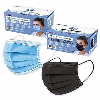 Picture of TCP Global Salon World Safety - Black and Blue Colored Face Masks Variety Pack (50ea Color = 100 Masks) Breathable Disposable 3-Ply Protective PPE with Nose Clip and Ear Loops