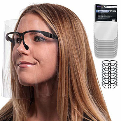 Picture of TCP Global Salon World Safety Face Shields with Black Glasses Frames (Pack of 25) - Ultra Clear Protective Full Face Shields to Protect Eyes, Nose, Mouth - Anti-Fog PET Plastic, Goggles
