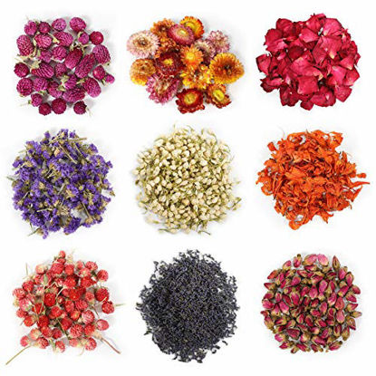 Picture of 9 Bags Natural Dried Flowers Kit, Natural Dried Herbs with 2 Mesh Drawstring Bag for Soap,Candle,Resin Jewelry Making,Bath,Nail - Rose Petals,Rosebuds,Lilium,Jasmine,Don't Forget Me and More