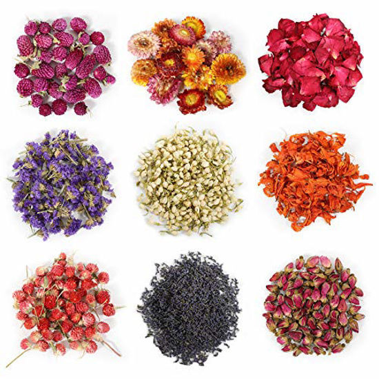 Picture of 9 Bags Natural Dried Flowers Kit, Natural Dried Herbs with 2 Mesh Drawstring Bag for Soap,Candle,Resin Jewelry Making,Bath,Nail - Rose Petals,Rosebuds,Lilium,Jasmine,Don't Forget Me and More