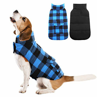 Picture of Kuoser British Style Plaid Dog Winter Coat, Windproof Cozy Cold Weather Dog Coat Dog Apparel Dog Jacket Dog Vest for Small Medium and Large Dogs with Pocket & Leash Hook Blue M