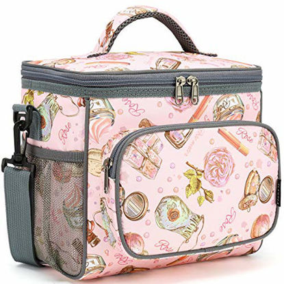 Picture of Insulated Reusable Lunch Bag Adult Large Lunch Box for Women and Men with Adjustable Shoulder Strap,Front Zipper Pocket and Dual Large Mesh Side Pockets by FlowFly,Pink Rose