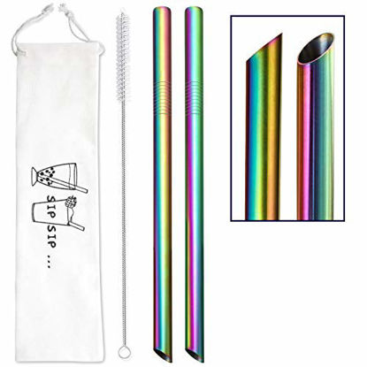 Picture of [Angled Tips] 2 Pcs Jumbo Reusable Boba Straws & Smoothie Straws - Rainbow Colors , 0.5" Wide Stainless Steel Straws, Metal Straws for Bubble Tea, Milkshakes, Smoothies |1 Cleanning Brush & 1 Case