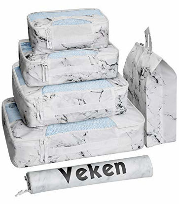 Picture of Veken 6 Set Packing Cubes, Travel Luggage Organizers with Laundry Bag Shoe Bag (White Mable)