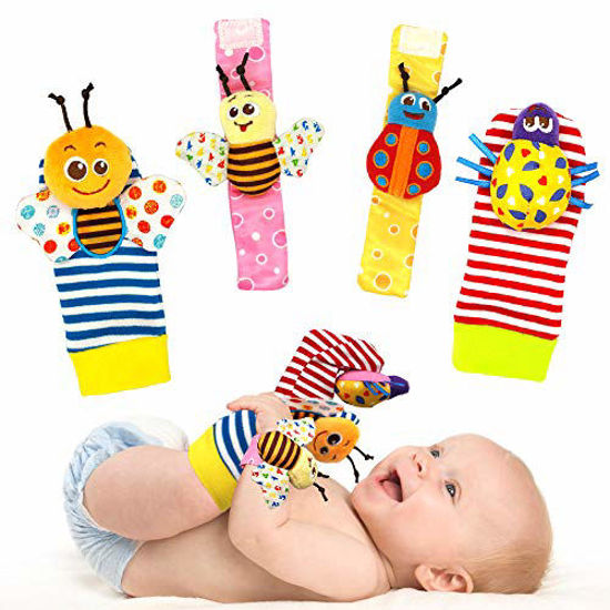 Picture of Wrist Rattles Foot Finder Rattle Sock Baby Toddlor Toy,Rattle Toy,Arm Hand Bracelet Rattle,Feet Leg Ankle Socks,Activity Rattle Present Gift for Newborn Infant Babies Boy Girl Bebe Bugs Design 4pcs