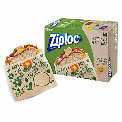 Picture of Ziploc Paper Sandwich Bags, Recyclable and Sealable with Fun Designs, 50 Count