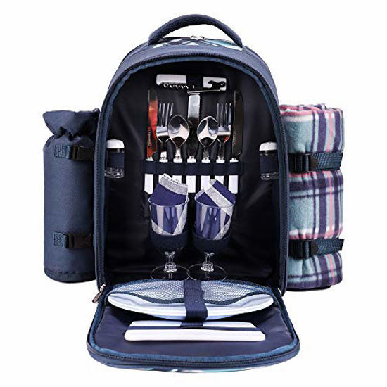 Picture of apollo walker Picnic Backpack Bag for 2 Person with Cooler Compartment, Detachable Bottle/Wine Holder, Fleece Blanket, Plates and Cutlery (Blue)