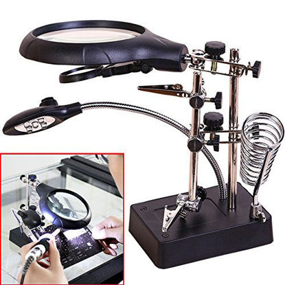 Picture of AORAEM 2.5X 7.5X 10X LED Light Helping Hands Magnifier Station,Magnifying Glass Stand with Clamp and Alligator Clips