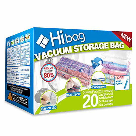 hibag space saver bags, 20 pack vacuum storage bags (6 medium, 5 large, 5  jumbo, 2 small, 2 roll up bags) with hand pump for bedding, comforter