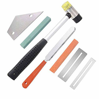 Picture of Guitar Luthier Tool Kit, Guitar Fret Crowning File, Double Headed Guitar Bass Fret Wire Rubber Hammer,Stainless Steel Fret Rocker, 2 Pcs Fingerboard Guards Protectors and Grinding Stone