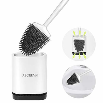 Picture of Asobeage Toilet Brush,Deep Cleaner Silicone Toilet Brushes with No-Slip Long Plastic Handle and Flexible Bristles, Silicone Toilet Brush with Quick Drying Holder Set for Bathroom ToiletWhite
