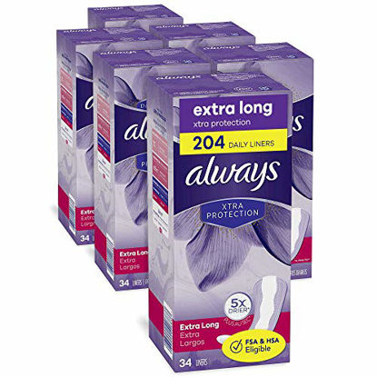 Picture of Always Xtra Protection Daily Feminine Panty Liners for Women, Extra Long, Unscented, 34 Count - Pack of 6 (204 Total Count)
