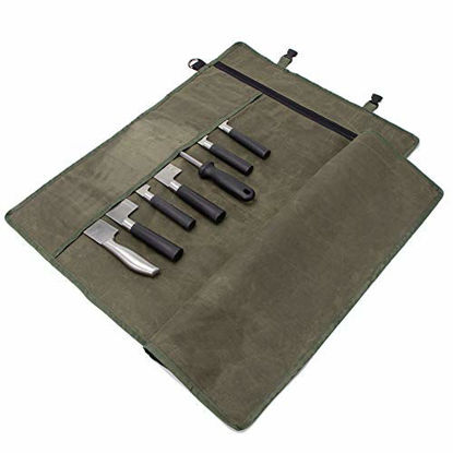 Picture of Chefs Knife Roll Bag, Waxed Canvas Knife Cutlery Carrier, Portable Chef Knife Cases, Knife Pouch Holders With 10 Slots Plus 1 Zipper Pockets Can Hold Home Kitchen Knife Tools Up To 18.8 (Army Green)