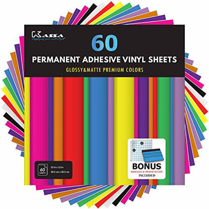Picture of Kassa Permanent Vinyl Sheets (Pack of 60, 12 x 12) - Includes Squeegee - Bundle of Assorted Colors (Matte & Glossy) - Adhesive Craft Outdoor Vinyl for Cutting Machines