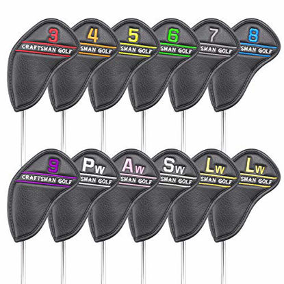 Picture of Craftsman Golf Left Handed 12pcs Black Synthetic Leather Golf Iron Head Covers Set Headcover with Colorful Number Embroideried,Easily get The Needed Iron for Callaway Ping Taylormade Cobra Etc.
