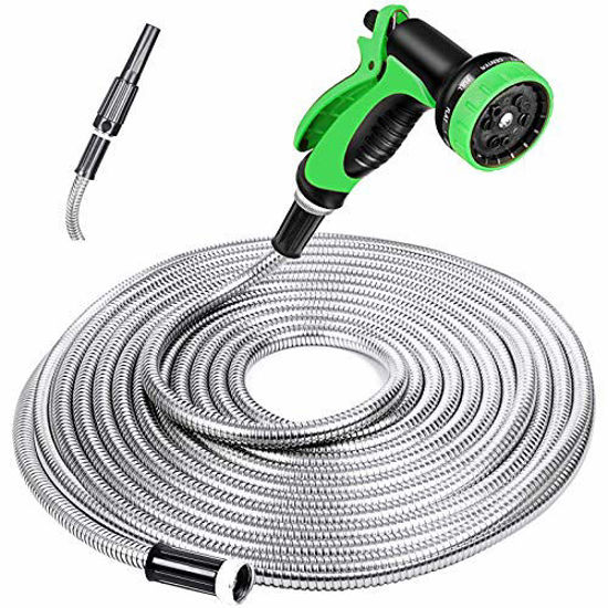 Picture of SPECILITE Heavy Duty 304 Stainless Steel Garden Hose 50ft, Outdoor Metal Water Hoses with Nozzle & 10 Pattern Spray Nozzle for Never Kink & Tangle, Puncture Resistant, Flexible, Portable