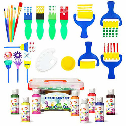Picture of Early Learning Kids Paint Set Washable Finger Paint with Assorted Painting Brushes Sponges Portable Case for Kids Toddlers Drawing Gifts Age 3+