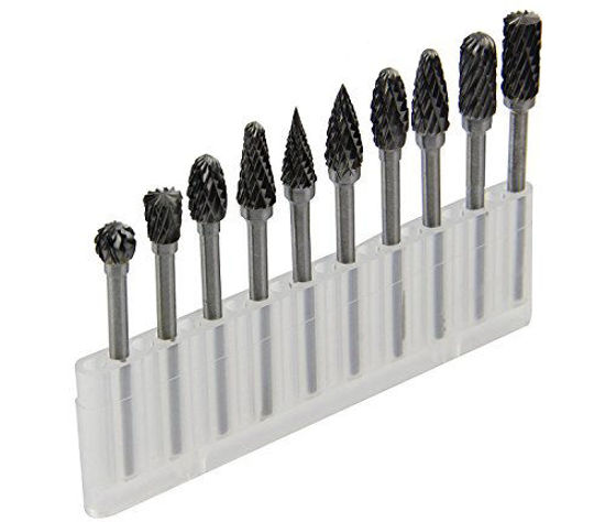 Picture of YXGOOD 10 Pieces Tungsten Carbide Double Cut Rotary Burr Set with 3 mm (1/8 Inch) Shank and 6 mm (1/4 Inch) Head Size