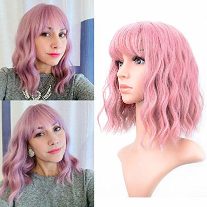 Picture of VCKOVCKO Pastel Wavy Wig With Air Bangs Women's Short Bob Purple Pink Wig Curly Wavy Shoulder Length Pastel Bob Synthetic Cosplay Wig for Girl Colorful Costume Wigs(12", Purple Pink)