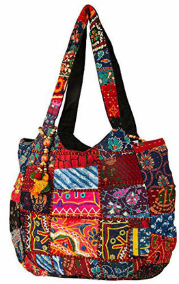 Picture of Hippie Handmade Shoulder Beach Bag Tote Boho Chic Patchwork Embroidered Purse Red Casual Everyday Roomy Laptop School Market