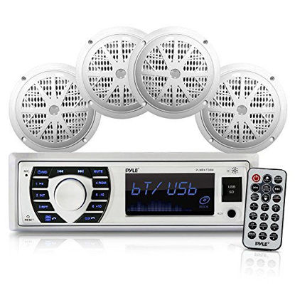 Picture of Marine Radio Receiver Speaker Set 12v Single Din Style Bluetooth Compatible Waterproof Digital Boat In Dash Console System with Mic 4 Speakers, Remote Control, Wiring Harness PLMRKT38W (White)